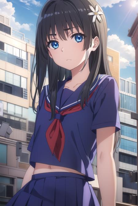 satenruiko, <lora:ruiko saten s3-lora-nochekaiser:1>, 
saten ruiko, black hair, blue eyes, long hair, hair ornament, flower ornament,
BREAK blue skirt, pleated skirt, sakugawa school uniform, school uniform, serafuku, skirt, summer uniform,
BREAK outdoor, city, sky, sun, clouds,
BREAK looking at viewer, (cowboy shot:1.5),
BREAK <lyco:GoodHands-beta2:1>, (masterpiece:1.2), best quality, high resolution, unity 8k wallpaper, (illustration:0.8), (beautiful detailed eyes:1.6), extremely detailed face, perfect lighting, extremely detailed CG, (perfect hands, perfect anatomy),