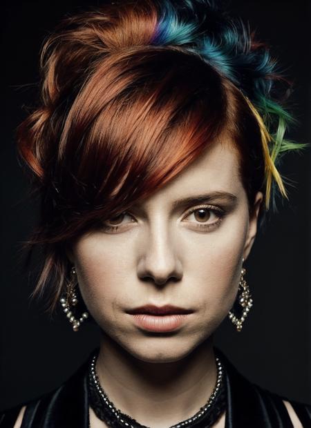 portrait of sks woman by Flora Borsi, style by Flora Borsi, bold, bright colours, rainbow Mohawk haircut, ((Flora Borsi)), <lora:locon_jessiebuckley_v1_from_v1_64_32:1>