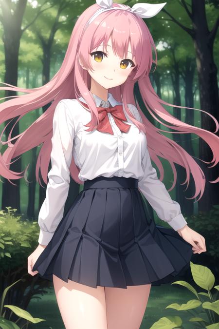 Kurama Koharu very long hair,pink hair,shiny hair,floating hair,white hairband,hair ribbon,sidelocks,bangs,yellow eyes red bowtie,white shirt,long sleeves,large breasts,button,blue skirt,pleated skirt,frilled skirt,white socks,loafers