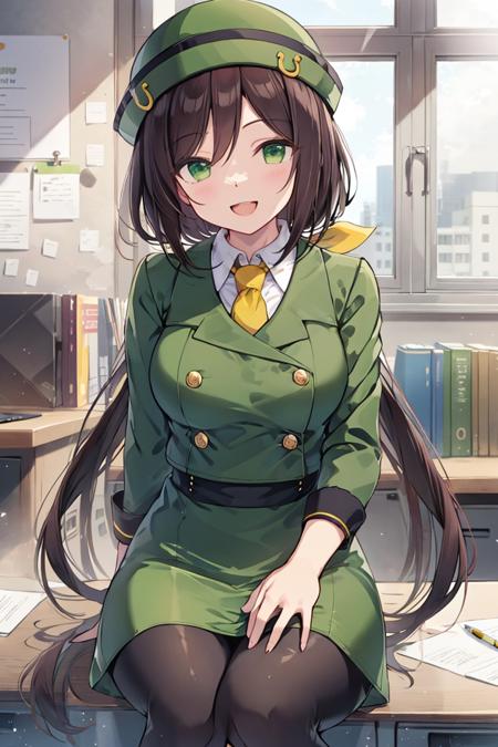 (absurdres:1.30), highres, ultra detailed, <lora:hayakawa_taduna_v2:0.60> brown hair, long hair, split ponytail, green eyes, bowler hat, green headwear, green jacket, white shirt, double-breasted, collared shirt, pencil skirt, green skirt, yellow necktie, yellow ribbon, yellow bow, buttons, horseshoe ornament, smile, open mouth, office, black pantyhose, sitting, 