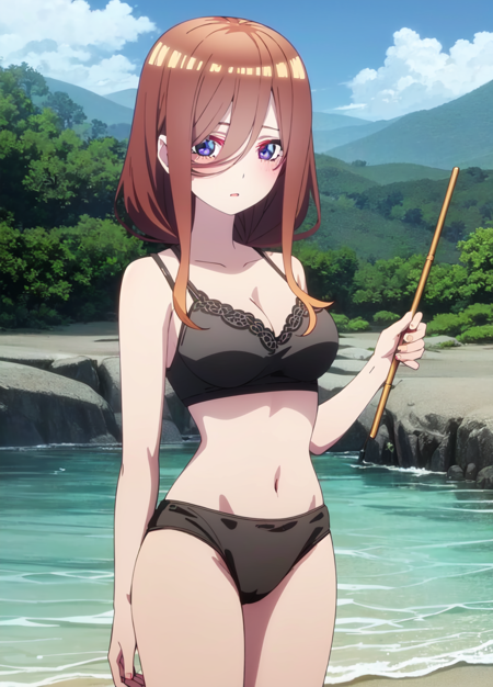 1 girl, miku, muku nakano, tall, adult, mature, season2, brown hair, long hair, black bra, black panties, nsfw, lewd, sexy attire, revealing clothes, looking at viewer, beach background, sky, anime screencap, anime coloring, very colorful, 8k masterpiece, blue eyes, standing, (waifu, anime, exceptional, best aesthetic, new, newest, best quality, masterpiece, extremely detailed:1.2),, masterpiece, best quality,<lora:Quints-50:1>