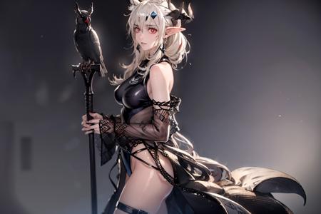 masterpiece, best quality, <lora:lq:1>,lqstyle01, 1girl, long hair, official alternate costume, bird, very long hair, thigh strap, horns, holding, solo, ponytail, white hair, from side, staff, breasts, cowboy shot, swimsuit, wide sleeves, crow, bangs, pointy ears, bare shoulders, detached sleeves, long sleeves, holding staff, looking at viewer, hair between eyes, black one-piece swimsuit, one-piece swimsuit, sidelocks, bird on hand, thighs, medium breasts, grey background, profile, lace trim, large breasts, leotard, demon horns, absurdly long hair, see-through, rain, closed mouth, brown eyes, standing, animal, high ponytail, parted lips, hair ornament, infection monitor (arknights), ahoge, sword, weapon, red eyes, lace, simple background, black leotard, gradient, gradient background, flock, looking to the side, smile