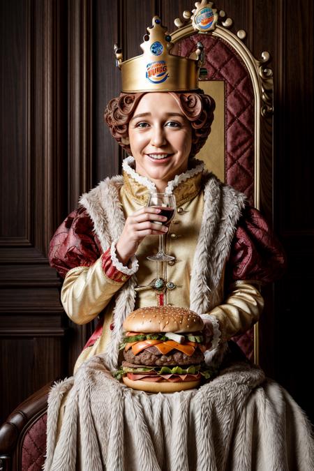 1girl, solo, portrait of queen burgerking mascot woman sit on king throne, giant burgers on wooden table,  glass of wine, castle, golden ornament, looking at viewer, details, realistic, photography, blurry background, softfocus , bokeh <lora:ARWBurgerKingMascot:1>
