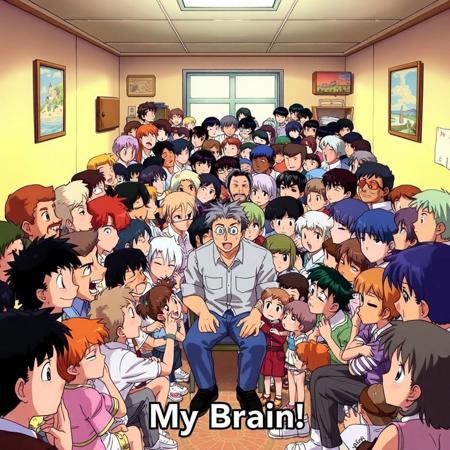 a hundred men, women, and children crammed into a small room with a caption that reads "My Brain" (1990s anime)