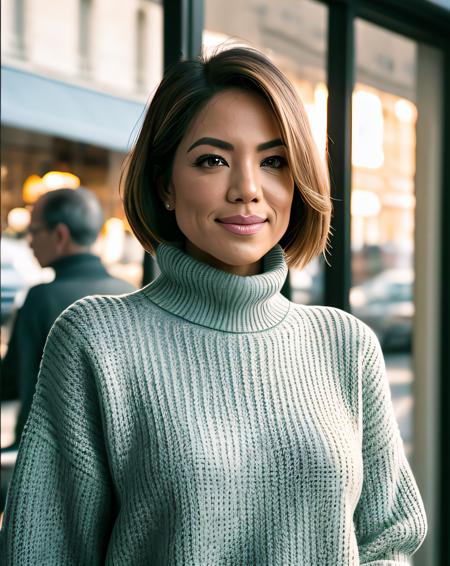 photo of (P4m3l4Silv401:0.99), a woman, RAW, close portrait photo, (wearing a turtle neck pullover:1.2), standing in front of a (french caf:1.2), RAW candid cinema, 16mm, color graded portra 400 film, remarkable color, ultra realistic, textured skin, remarkable detailed pupils, realistic dull skin noise, visible skin detail, skin fuzz, dry skin, shot with cinematic camera