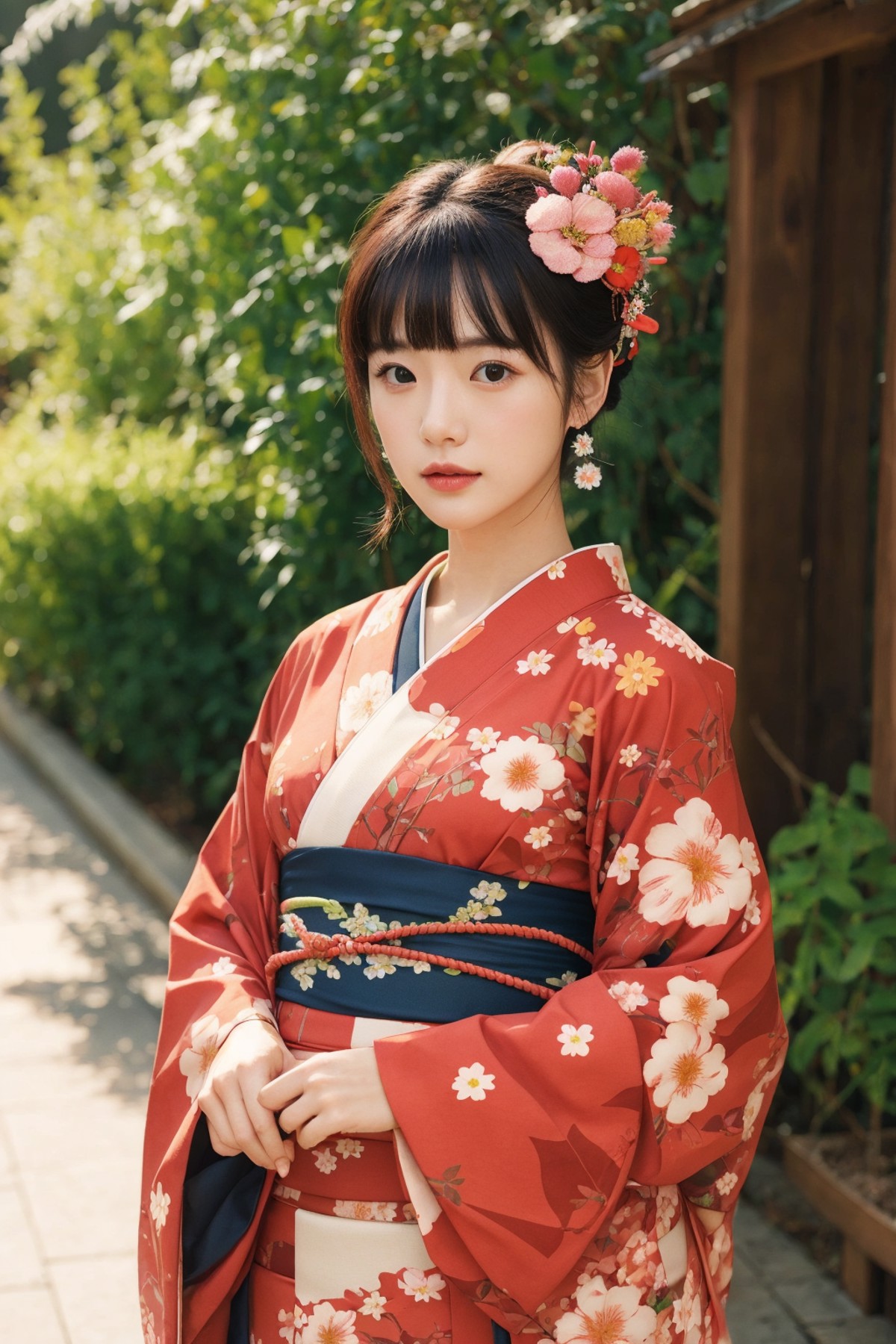 1girl, solo, outdoor, cute japanese model girl, kimono, floral print, hair ornament, looking at viewer, hair flower, brown...