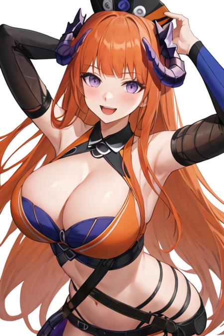 best quality, masterpiece, highres, solo, {bagpipe_arknights:1.15}, horns, long_hair, bangs, orange_hair, smile, purple_eyes, dragon_horns, upper_body, very_long_hair, breasts, open_mouth, blush, large_breasts, 1girl, bare_shoulders, looking_at_viewer, simple_background, white_background, blue_headwear, hat, official_alternate_costume, portrait