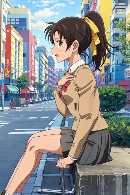 kazuhatv,1girl,solo,short hair,hair ribbon,ponytail,small breasts,school uniform, pleated skirt,sky,cityscape,crying,from side, sitting, looking at viewer, hand on own chest,street, 

<lora:kazuhatv:0.8>