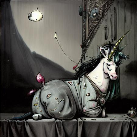 a surrealist sleepyheaded unicorn wearing pajamas inspired by Davegore and Yves Tanguy and Kahn Nova and Mark Ryden, muted colors, 128k, photorealistic, Houdini 3d, extremely intricate, ultradetailed, cinematic lighting, epic composition , <lora:LilYunicorn2-05:1> <lora:Moxin_10:1> <lora:chibiStyle_v1:1>