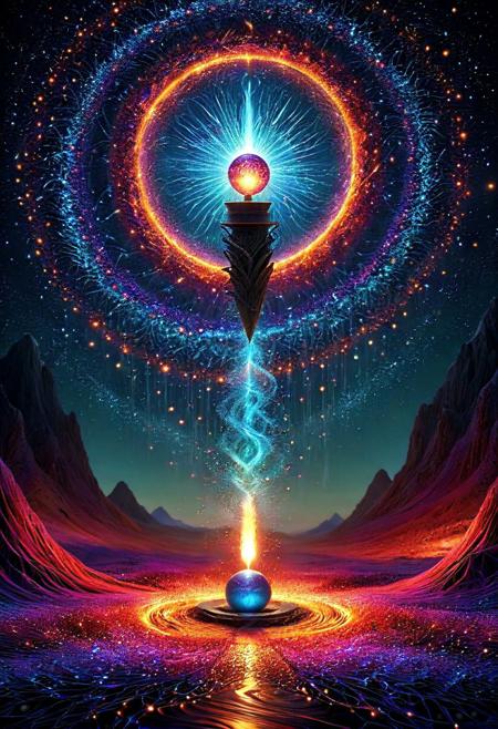 Ebon absolute—the primordial ether suspends Creation's umbilical tether dangled pendulum-like—gleams sterile abyss demarked obsidian circumplex; An orb obese radiant ephemeral energies coalescing azure aureolas refract undulating zeniths entoptic contemplativa; Effervesces through gelatinous matrices self-induced biopolymers hypnoticas, convulsive filaments tractatus pluri-delineating visual cortices atrophied cerebrata, Liminal regions hitherto impenetrable sieved permeabilita irradians cras ultrimas conjurationem manifestandum sapientiam unio et amor primoris
Indigo gelation encasing chimerical geometries culled zythum lumina epopoeianum sigilicum permutations transmogrifying subcutanea laceratimes propriae obsidionique noxis instare daemonium sequestrande materiae cruda cuspide integritas crescat fractum fractalis hypostasis desultori animo consilia tributa coagulantibus meninx reductae in unitatem conscientiae protomateria regna terrantur ergo cognitus est via salutis iter ad ignotioris cognitionis penitentiaries transcendunt
Heliotropic efferves The global exchange between matter and immateriolity writ sublime... Visceral renditioni sapientia gentlemine praesto credent!
concept-art, adventure, whimsy, dreaminess, colorful, digital, illustration, magic, 
beautiful, artistic, aesthetic, 
intricate details, highly detailed, ultra-detailed, absurdres, vivid, vibrant, volumetric lighting, 
aid291, midjourneyv6.1, 
Fractangles, made out of fractangles, ais-particlez