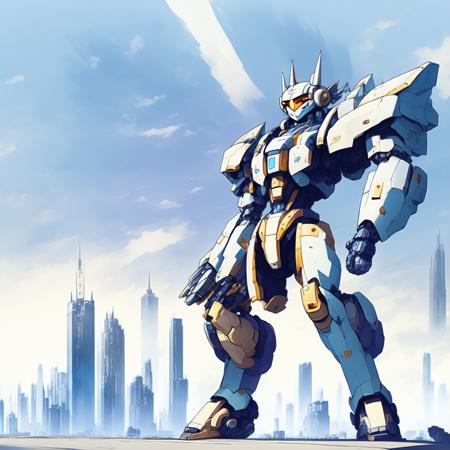 anime Mobile Suit gundam, Mecha standing in an Advanced Cityscape (GundamCityscape style:1) <lora:djzGundamCityscape:0.8)