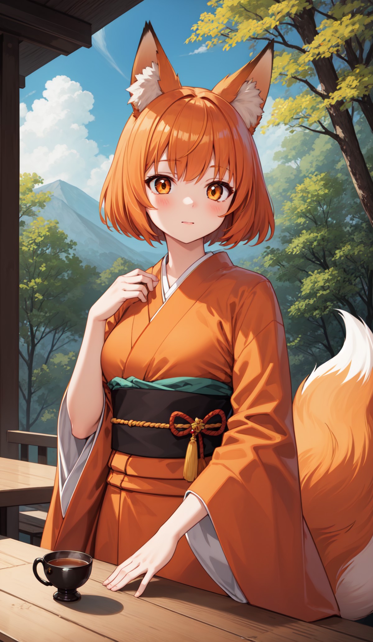 masterpiece, best quality, 1girl, short orange hair, bangs, fox ears, orange kimono, table, tea, majestic forest, lush clo...