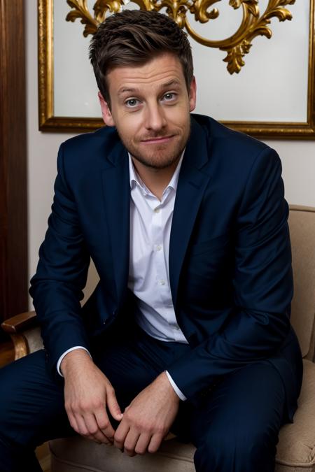 ChrisRamsey in a suit sitting on a leather armchair <lora:rs-ChrisRamseyLora-05:1>