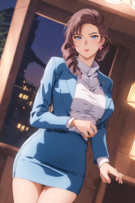 (Night:1.7), Japan, Tokyo, CityView, Before Window,
Standing at attention,
blue suit,pencil skirt, white collar,makeup,long sleeves,
<lora:Lucette_Audevie_0083-KK77-V1:0.7>,pink earring,jewelry,lipstick,
blue eyes,drill hair,brown hair,closed mouth,single braid, 
1 girl, 24yo,mature female,Beautiful Finger,Beautiful long legs,Beautiful body,Beautiful Nose,Beautiful character design, perfect eyes, perfect face,
looking at viewer, in the center of the image,
NSFW,official art,extremely detailed CG unity 8k wallpaper, perfect lighting,Colorful, Bright_Front_face_Lighting,
(masterpiece:1.0),(best_quality:1.0), ultra high res,4K,ultra-detailed,
photography, 8K, HDR, highres, absurdres:1.2, Kodak portra 400, film grain, blurry background, bokeh:1.2, lens flare, (vibrant_color:1.2)
(Beautiful,large_Breasts:1.4), (beautiful_face:1.5),(narrow_waist),