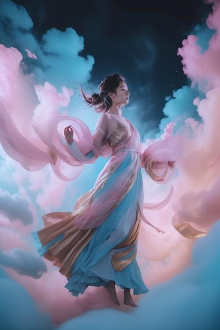 cinematic photo A full body portrait of a levitating beautiful girl surrounded by a whirlwind of cyan and pink light clouds,gold and white dress,Dreamy haze . 35mm photograph, film, bokeh, professional, 4k, highly detailed