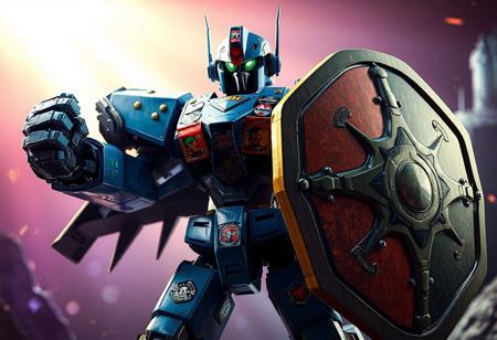 A Dark Eradicator Warlock robot, equipped with a Mad Sword Beast and a Magical Trick Mirror shield, stands ready for action against a Light to the Depths backdrop. The robot,  blue and adorned with colorful stickers, holds a large, multi-colored shield. The high-res image showcases the robot in intricate detail, from its lifelike facial features to its sharply designed clothes. The dynamic action pose and captivating lighting create a sense of movement and excitement, while the vibrant colors and harmonious design contribute to the overall narrative. Trending on Artstation.