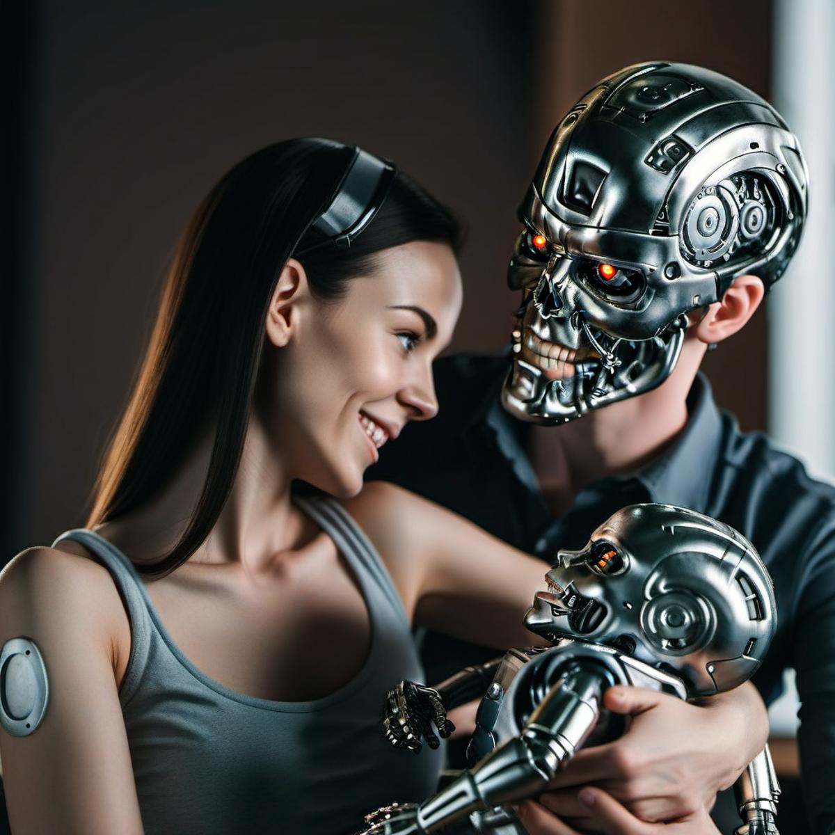 A man and woman holding a baby robot.