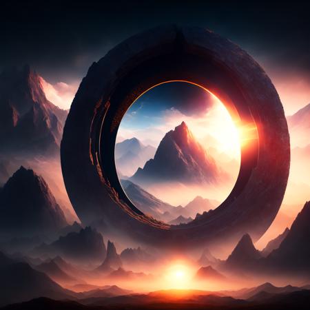 (endgate style:1) a giant black hole surrounded by a mountain range <lora:djzEndGateV21_LoraBooth:1>