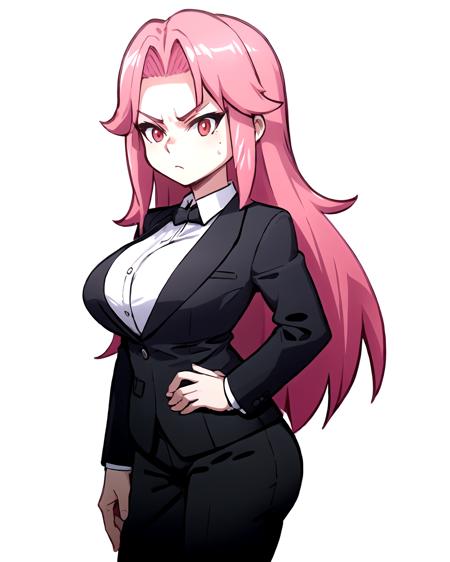 Long hair,  pink hair,  red eyes,  black suit,  black pants,  formal suit,  large breasts,  1girl,  serious,  (white background:1.3),  cowboy shot,  solo, <lora:EMS-44567-EMS:0.700000>