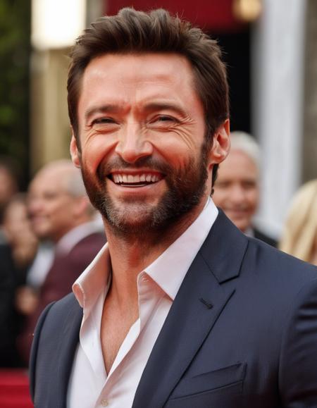 medium shot, photorealistic, hugh jackman laughing on the red carpet, unbuttoned shirt, chest hair, detailed nipples, cinematic lighting, dynamic pose