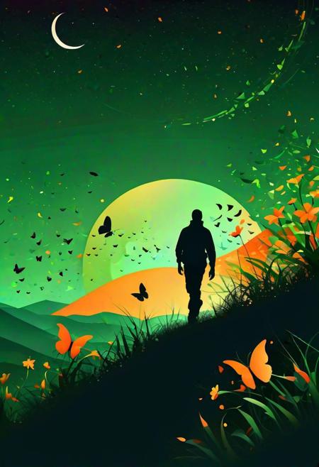 Silhouette vector art, (Noir art style:1.3), Dramatic composition, Vibrant green and orange color theme, (Sweeping light in the shape of a flower:1.2), Butterflies in flight, (Majestic crescent moon:1.2), Kids running in the distance, (Geometric shapes:1.2), Atmospheric depth, Intricate details.
