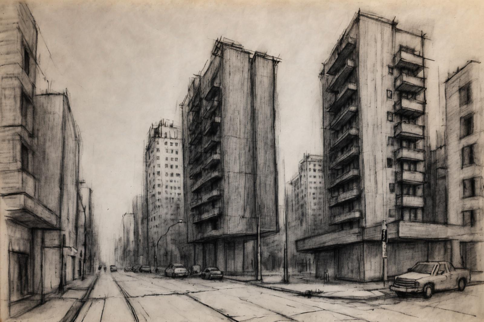 A black and white drawing of a city street with tall buildings, cars, and people.