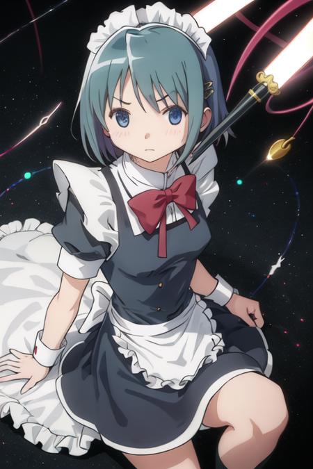 best quality, masterpiece, highres, solo, {maid:1.40}, {long maid dress:1.15}, {miki_sayaka_puellamagimadokamagica:1.15}, short_hair, blue_hair, blue_eyes, hair_ornament, bow, hairclip, parody