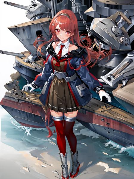 nevada \(kancolle\), 1girl, solo, thighhighs, gloves, necktie, white gloves, military, white background, red necktie, full body, simple background, long sleeves, skirt, uniform, blue jacket, red thighhighs, boots, brown skirt, jacket, military uniform, watercraft, looking at viewer, hairband, standing, brown thighhighs, pleated skirt, shirt, mecha musume, smile, zettai ryouiki, blue eyes, personification, closed mouth, dress, breasts, brown dress, original, intricate detail, illustration, masterpiece, extremely detailed CG unity 8k wallpaper, highlight, sharpening, dynamic, <lora:Nevada:0.8>