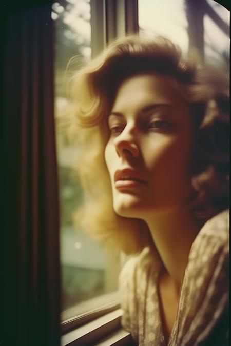 <lora:Marianna Rothen Style:1>Marianna Rothen Style - A candid and romantic analog medium format photograph by Marianna Rothen. Portrait of a woman, looking out the window, dreaming of being in a close embrace with her lover. 1985. Pop. Shallow depth of feel. Motion blur. Fujifilm Portra 400.