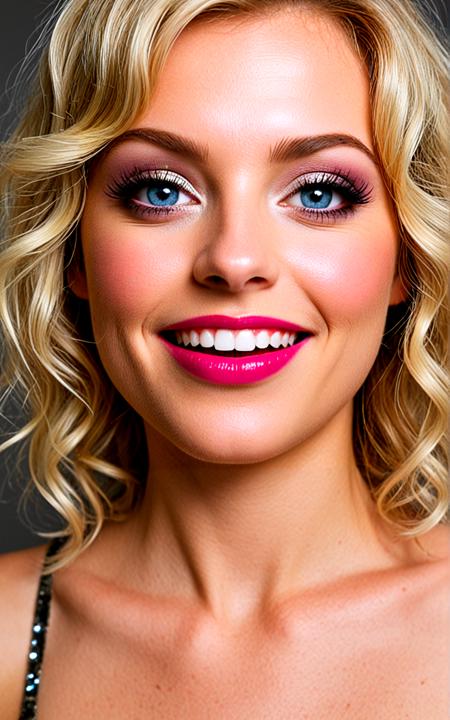<lora:pytorch_lora_weights_361535:1>,(close-up:1.2),face focus,dynamic angle,A 38 year old  Women,blue eyes,lip piercing,medium length,Light blonde,curly hairs,Straight Fringe cut,  Underlayer effect ,Exhilarated expression, Bright eyes, wide smile, raised eyebrows,Dramatic cat eye with sparkling silver eyeshadow and a bold magenta lip,[[A peaceful winter twilight where the sky is a soft pink, reflecting off a blanket of snow. The atmosphere is serene and quiet, inviting a sense of calm and introspection]],