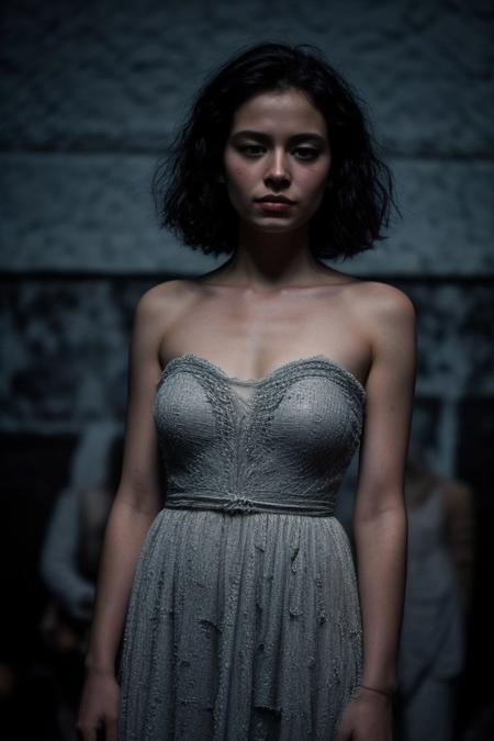 low key, studio set, perfect drawn face, very beautiful intensive eyes, wearing only a very classical oldschool nightdress, she performs a very emotional and passionate expression dance in style from Pina Bausch wuppertal dance company, on a lonely theater stage, sexy young beautiful model , Dewy skin with completeley no makeup, single braid black hair , Silver beaded bracelet, shot with arri studio camera, light_particles, cinematic, dynamic_angle,