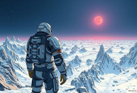 Lovingly drawn science fiction coloured lineart illustration showing a view over the shoulder of a rugged space explorer clad in a robust machined exosuit standing on crest of a ridge overlooking a jagged icy plain of frost, snow, rock outcroppings dotted with crystals reflecting light of a distant red star beneath a dim, abyssal blue sky, 1man, from behind, exosuit, power armor, ice, rocks, jagged terrain