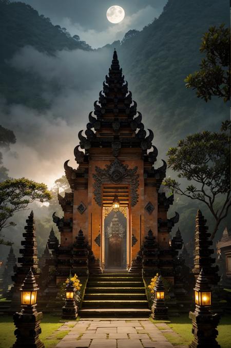 landscape, baligapura gate, stone statue, wall stone, village, stone stairs, yellow cloth, detailed, ornament, bali, tree, grass, flower, frangipani flower tree, epic, dawn, night, moon, yellow light lamp, fog, dramatic lighting, dim light, bokeh, <lora:ARWBaliGapura:1>  <lora:epi_noiseoffset2:0.4> advntr