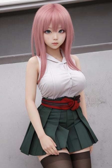 Nano Nakano, the quintetential quintuplet, anime girl, japanese School uniforme, Big tits, sexy pose, pink hair, short skirt, thigh high socks