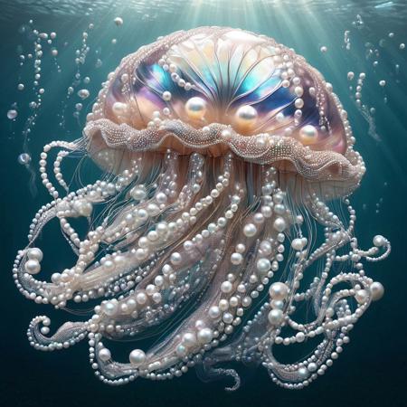 Pearlum analog realistic colour photo of a faceted pearl jellyfish swimming underwater, very detailed, award-winning, covered in pearls, light from above,