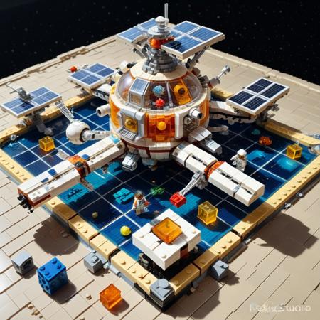 a space station orbiting a blocky LEGO planet, solar panels snapped from translucent studs, astronauts floating on hinge arms, docking bays glowing with internal light bricks, surrounding stars rendered as tiny stud specks, LEGO