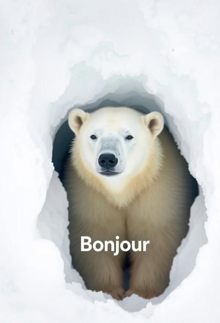 Polar bear in a snow cavern, Shy polar bear. The polar bear is barely visible, only his head are patially out of the snow cavern. The polar bear is saying "Bonjour". Text: "Bonjour"