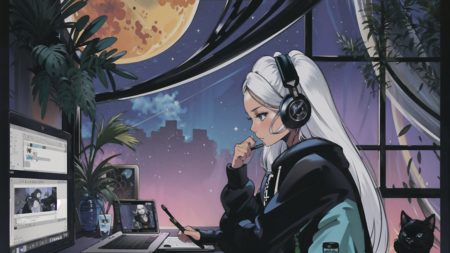 <lora:LoFi_Aesthetic-10:1> LoFi Aesthetic, (masterpiece, best quality, ultra-detailed, highres), 1girl, solo, cat, headphones, long hair, plant, black cat, solo, stylus, drawing tablet, indoors, window, white hair, computer, holding, potted plant, hoodie, hood, drawing, cup, sitting, blue eyes, holding stylus, profile, flower, black hoodie, animal, from side, hood down, laptop, monitor, headphones, profile,