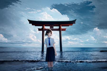 masterpiece,1girl,solo,black hair,brown eyes,skirt,necktie,blue necktie,standing,school uniform,wading,short hair,shirt,white shirt,pleated skirt,short sleeves,cloudy sky,cloud,water,day,torii,ocean,outdoors,brown hair,sky,collared shirt,brown eyes,