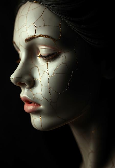 Cracked Porcelain woman face, kintsugi, cracks repaired with gold, surrealistic, dark background, dramatic light