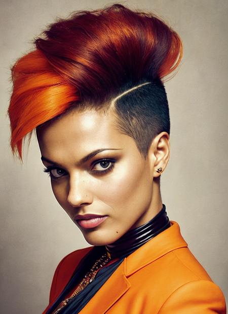 portrait of sks woman by Flora Borsi, style by Flora Borsi, bold, bright colours, orange Mohawk haircut, ((Flora Borsi)), <lora:locon_freema_v1_from_v1_64_32:1.3>