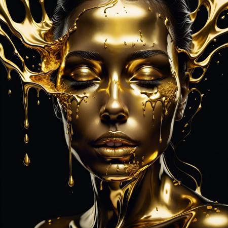 A highly detailed, surrealistic portrait of a woman's face, partially covered in dripping molten gold, with the gold seemingly splashing and cascading over her features. The face has a smooth, metallic texture, with the gold contrasting against a dark, glossy background. The expression on the woman's face is calm and serene, with her eyes closed as if in a state of peace or transformation. The artwork has a strong contrast, with the bright gold and the dark shadows creating a striking visual effect, emphasizing the fluid motion of the gold.