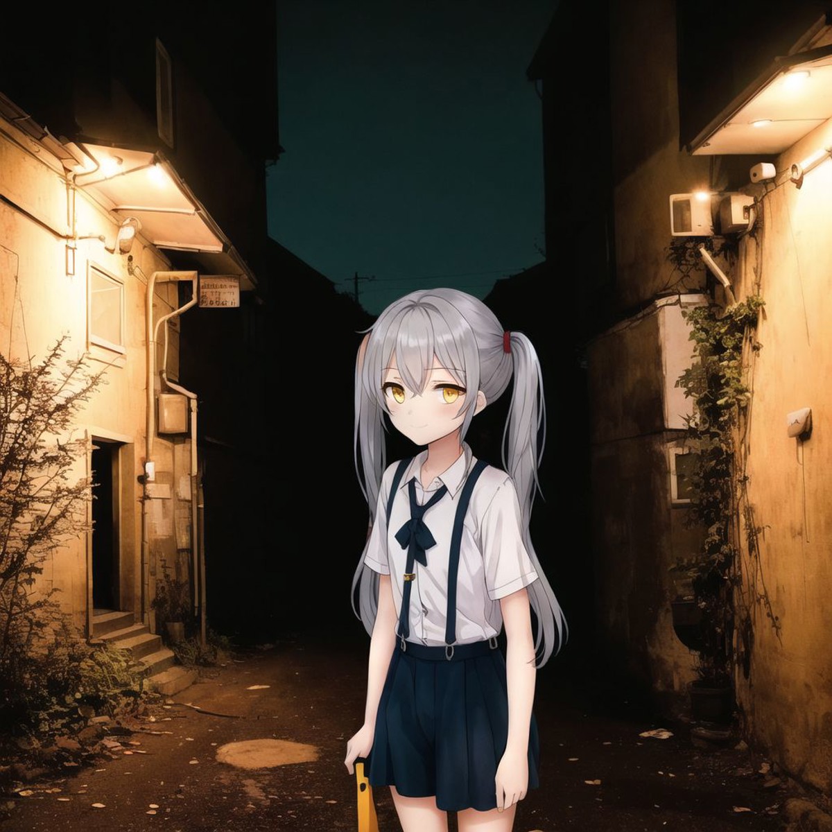 <lora:anime_irl:1>, anime_irl,  a narrow alley way with a no parking sign on it at night time, with a yellow light on the ...