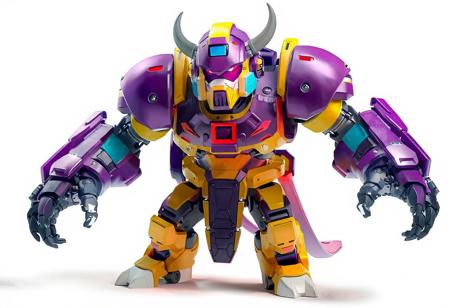 The image features a vibrant Cyber Ogre robot in a dynamic action pose, with a striking color scheme of purple, yellow, blue, and red. The robot, standing against a stark white background, is the sole focus, highlighting its intricate design and lifelike details. The isometric view showcases the robot's detailed face, clothes, and body, while the captivating lighting enhances its expressive eyes. The image exudes a sense of stillness before action, with the robot poised and ready. The composition, color harmony, and impeccable editing reflect an attractive background, creative angle, and well-timed moment, as if straight from a CGSociety or Artstation trending post.