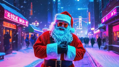 (Santa Claus) on the street, (heavy snowfall:1.5), looking happy, blade runner aesthetic, christmas party, blacklight, neon lighting,