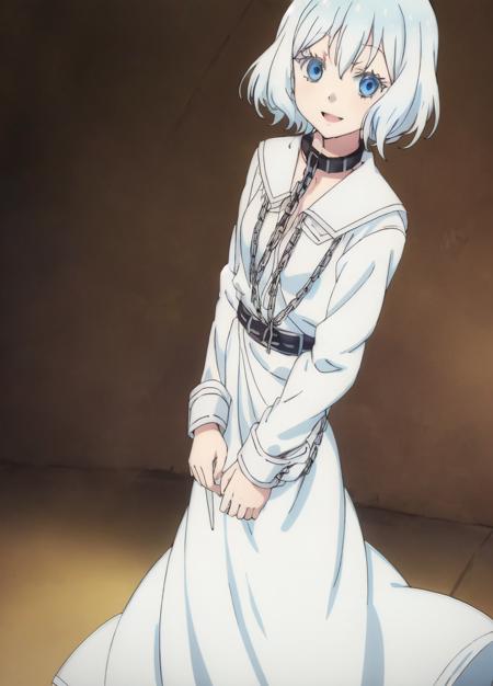 <lora:niehime_to_kemono_no_ou:1>, Sariphi, 1girl, white hair, short hair, solo, blue eyes, chain, dress, open mouth, collar, looking at viewer, anime coloring, white dress, smile, long sleeves, cuffs, collarbon, <lora:Masterpiace:1>, ((nsfw, vagina))