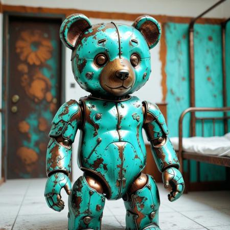 lazympos, depth of field, hyperrealistic, masterpiece, Intricate Design, patina metal skin, pms style,
teddy bear pms style, dormitory background