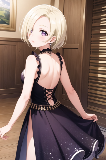 (masterpiece, best quality, ultra-detailed), (illustration), (beautiful detailed eyes), 1girl, solo, mia taylor, blonde hair, short hair, hair over one eye, small breasts, purple eyes,<lora:MiaLL_v1.3-04:0.6>,
 indoors, 
from behind, dress, cowboy shot,