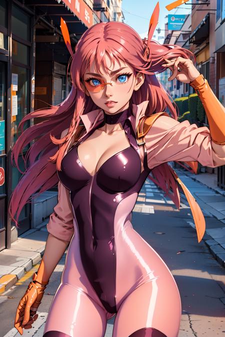 ggg_runais blue eyes, orange-tinted eyewear, tinted eyewear, collarbone, large breasts, black leotard, pink pantyhose, highleg, knee pads