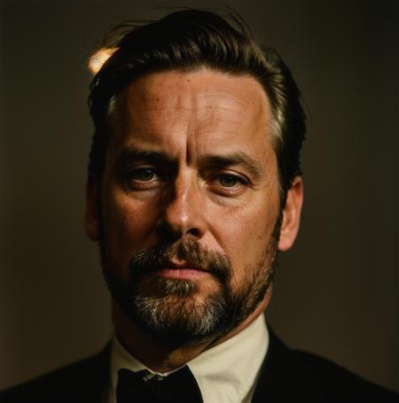 analog style, modelshoot style, a stunning intricate photo of a 50 years old man, wearing an colonial clothes, night, ambient light, epic character composition, by ilya kuvshinov, alessio albi, nina masic, sharp focus, natural lighting, subsurface scattering, f2, 35mm, film grain,